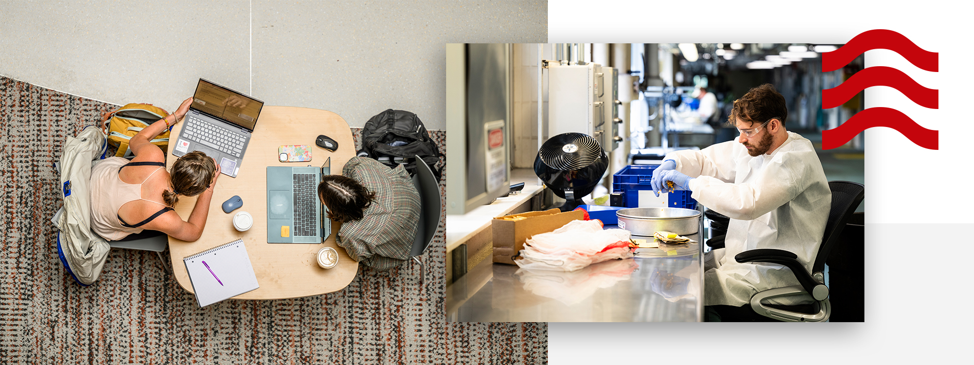 Overhead view of two people working at a table with laptops, paired with a researcher in protective gear using lab equipment, with a small red wavy graphic in the corner.