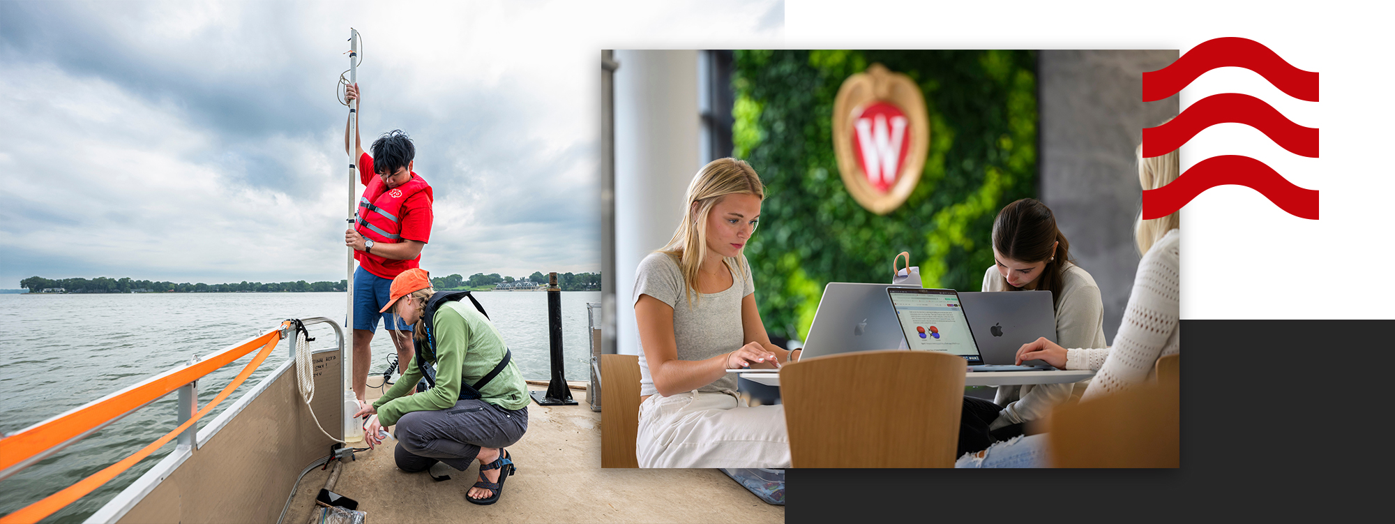 Two photo collage: Left photo shows two people working on a boat with a lake in the background. Right photo shows a student studying with two other students on laptops. The UW–Madison crest logo appears on the wall in the background.